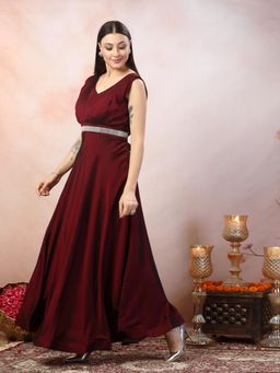 Stylum - Women Wine Solid Party Wear Satin Gown with Belt (Set of 2)