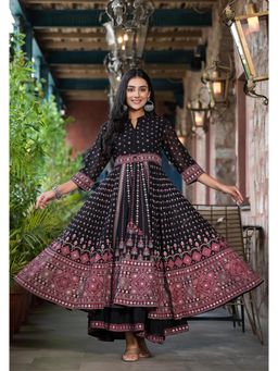 Juniper - Black Ethnic Motif Printed Georgette A-Line Dress with Mirror Work and Sequin