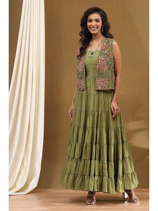biba green dress with jacket Buy Biba Green Georgette Festive Tiered Anarkali Dress with Jacket (Set of  2) (32) Online