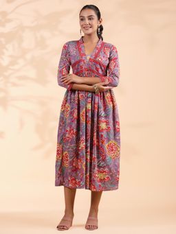 Vbuyz - Women Floral Print with Lace Work Aaliya Cut Cotton Lavender Dress