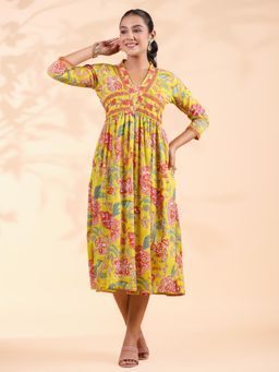 Vbuyz - Women Floral Print with Lace Work Aaliya Cut Cotton Yellow Dress
