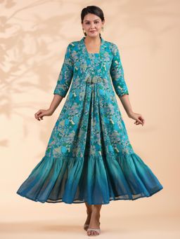 Vbuyz - Women Floral Work Flared Cotton Aqua Blue Dress