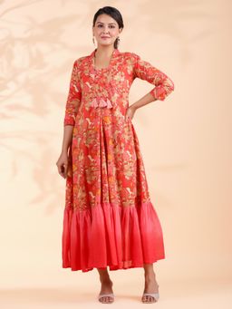 Vbuyz - Women Floral Work Flared Cotton Pink Dress