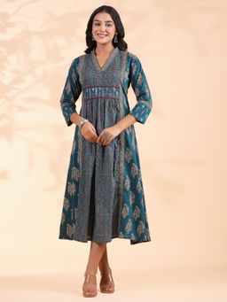 Vbuyz - Women Printed Print A-Line Cotton Rama Teal Dress