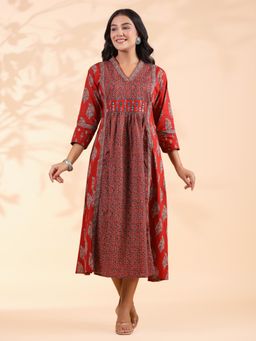 Vbuyz - Women Printed Print A-Line Cotton Red Dress