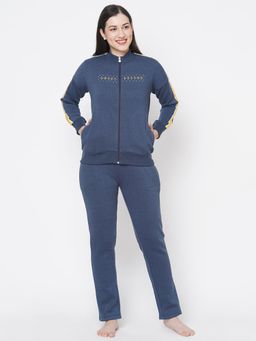 Sweet Dreams - Women Printed Long Sleeves Mock Collar Navy Blue Fleece Winter Tracksuit