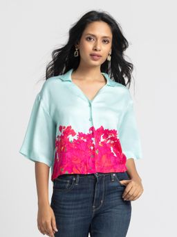 SHAYE - Women Powder Blue Spread Collar Floral Print Short Sleeves Casual Shirt