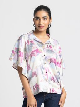 SHAYE - Women White Spread Collar Printed Short Sleeves Casual Shirt