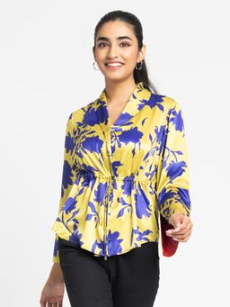 SHAYE - Women Mustard Shawl Collar Floral Print Three-Quarter Sleeves Casual Shirt