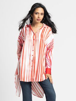 SHAYE - Women Red Spread Collar Stripe Print Full Sleeves Casual Oversized Shirt