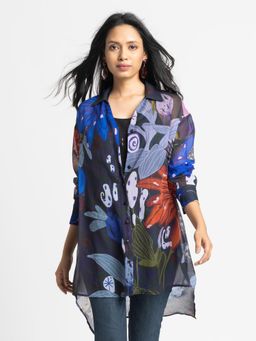 SHAYE - Women Black Spread Collar Floral Print Oversized Casual Shirt with Cami (Set of 2)