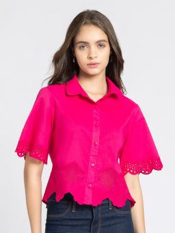 SHAYE - Women Fuchsia Solid Shirt Collar Short Sleeves Casual Shirt