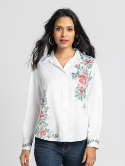 SHAYE - Women White Spread Collar Floral Print Full Sleeves Casual Shirt