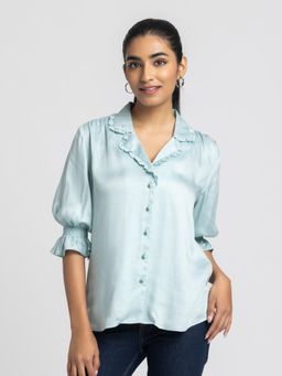 SHAYE - Women Aqua Blue Notch Collar Solid Three-Quarter Sleeves Casual Shirt