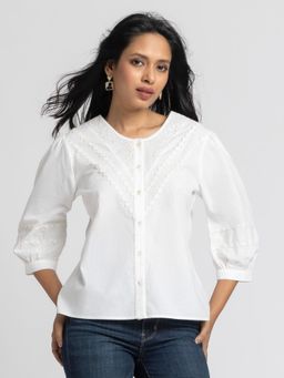 SHAYE - Women White Round Neck Textured Three-Quarter Sleeves Casual Shirt