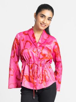 SHAYE - Women Pink Shawl Collar Floral Print Three-Quarter Sleeves Casual Shirt