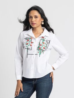 SHAYE - Women White Shirt Collar Embroidered Full Sleeves Casual Shirt