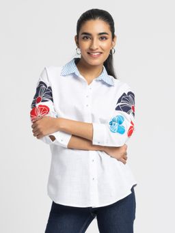 SHAYE - Women White Shirt Collar Embroidered Full Sleeves Casual Shirt