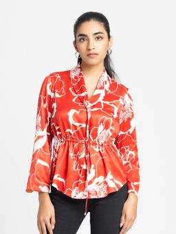 SHAYE - Women Red Shawl Collar Floral Print Three-Quarter Sleeves Casual Shirt