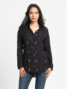 SHAYE - Women Black Shirt Collar Embellished Full Sleeves Party Shirt