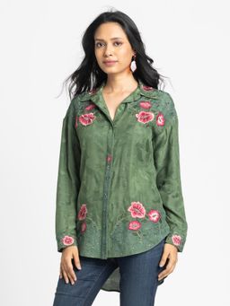 SHAYE - Women Olive Green Spread Collar Embroidered Oversized Casual Shirt