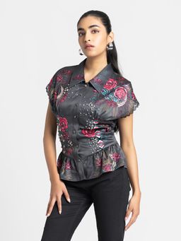 SHAYE - Women Dark Grey Shirt Collar Floral Print and Embroidered Shirt