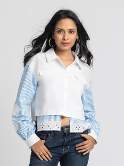 SHAYE - Women White Shirt Collar Printed and Embroidered Full Sleeves Casual Shirt