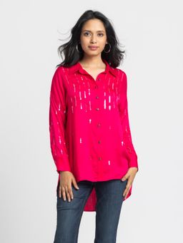 SHAYE - Women Fuchsia Shirt Collar Embellished Full Sleeves Party Shirt