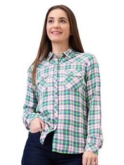 Spykar - Women Blue Regular Fit Checkered Full Sleeve Casual Shirt