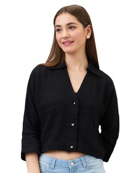 Spykar - Women Black Boxy Fit Solid 3/4 Sleeves Casual Shirt