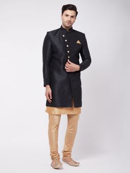 Vastramay - Men's Black And Rose Gold Silk Blend Sherwani Set (Set of 3)