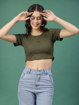 RIGO - Women Green Waffle Crop Top