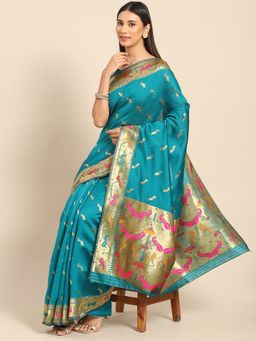 Akhilam - Womens Silk Blend Turquoise Woven Design Designer Saree with Unstitched Blouse