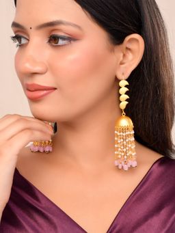 Silvermerc Designs - Elegant Gold-plates Jhumka Earrings with long pearls chain