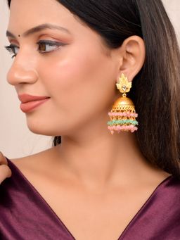 Silvermerc Designs - Elegant Gold-plated Leaf and Multi-Coloured Bead Jhumka Earrings