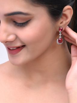 Silvermerc Designs - Trending Silver-Plated Red American Dimond Studded Drop Earrings