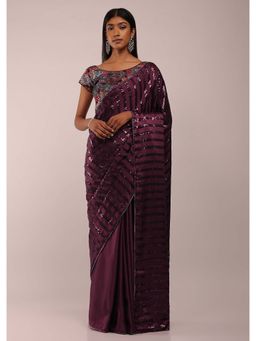 KALKI FASHION - Grape Wine Satin Saree in Thick Strips Sequins with Unstitched Blouse