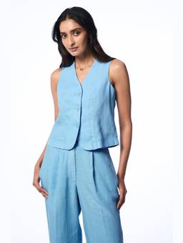 TERRA LUNA - Ara Linen Sea Foam Blue Women's Waist Coat Top