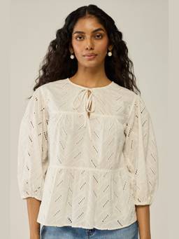 Move About Effortlessly - White Schiffly Tie-Up Top