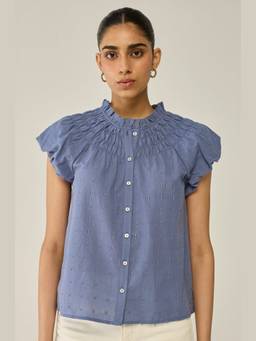 Move About Effortlessly - Blue Round Neck Buttoned Top