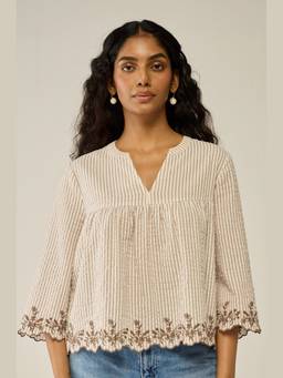 Move About Effortlessly - Brown V Neck Top With Embroidery