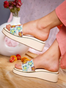 GLAM STORY - Women Multi-Color Mirror Work Wedges with Thread Embellishments