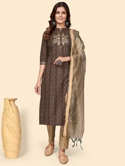 Vbuyz - Women Print & Embroidered Straight Blend Brown Kurta Pant with Dupatta (Set of 3)