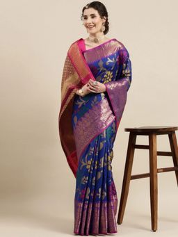 Vastranand - Blue & Red Floral Zari Silk Blend Kanjeevaram Saree with Unstitched Blouse