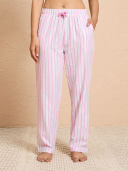 Nykd by Nykaa - Essential Cotton Pyjama With Adjustable Elasticated Waist & Pockets Nys141 Pink Lurex Stripe