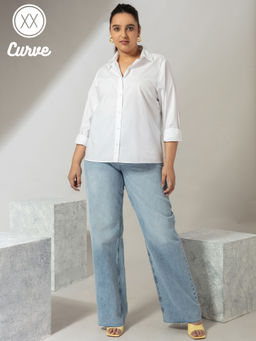 Twenty Dresses by Nykaa Fashion - Curve White Solid Collar Neck Full Sleeves Shirt