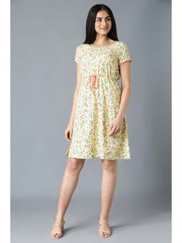 Aurelia - Aure Collection By Aurelia Yellow Flared Dress In Floral Print and Round Neck
