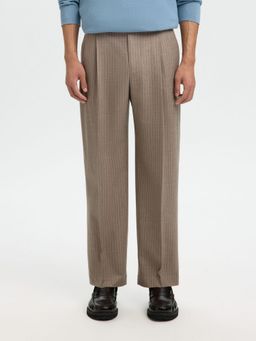 SELECTED HOMME - Beige Loose Fit Otto Striped Pleat Trouser