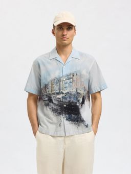 SELECTED HOMME - Blue Cuban Collar Graphic Printed Shirt