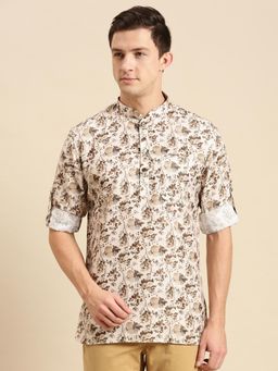 Sanwara - Men Printed Cotton Rolled Up Sleeves Short Kurta